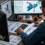 Ingeniero que trabaja en diseño de soldadura industrial y fabricación de metales con software CAD y planos.